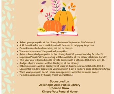 Zelienople Library Flyer for the 2026 Library Pumpkin Decorating Contest with a pumpkin illustration, event dates, rules, sponsors, and contact information for the Zelienople Area Public Library.