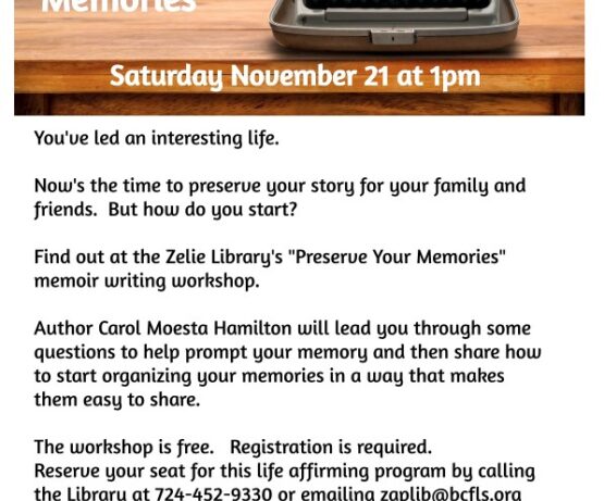 Zelienople Library Flyer for a memoir writing workshop at Zelie Library on November 21 at 1pm, featuring author Carol Moesta Hamilton. Includes contact information for registration and library location.