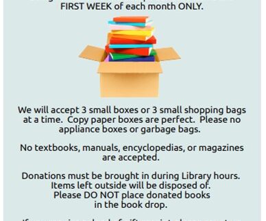 Zelienople Library A flyer with book donation tips, a stack of books image, and details about accepted items, dates, and contact information for the library's book donation week of August 3-8.
