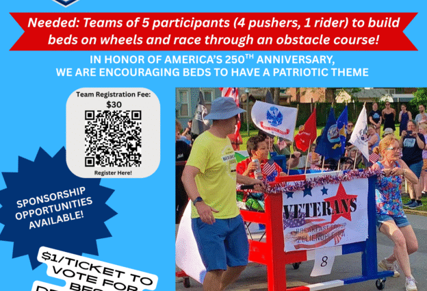 Zelienople Library Poster for the 5th Annual Zelienople Bed Derby on July 2, 2026, with event details, entry fee, patriotic theme, team requirements, and sponsor information.