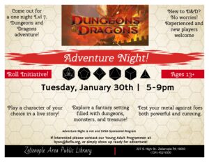 Zelienople Library Dungeon dragons adventure night flyer.