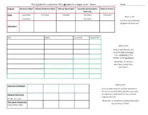 Zelienople Library A table listing various programs, dates, attendance, and sections for recording book details and adventure information, with instructions for participants to fill in for a chance to win a prize.