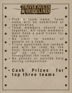 Zelienople Library Poster detailing trivia rules and guidelines, including team selection, ticket requirements, random questions by host, no phone use, and cash prizes for the top three teams.