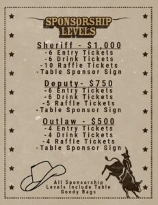 Zelienople Library Sponsorship Levels flyer listing Sheriff, Deputy, and Outlaw tiers with entry tickets, drink tickets, raffle tickets, and table sponsor signs, plus a cowboy hat and rodeo rider graphic.