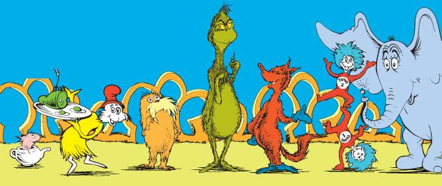 Zelienople Library A lineup of colorful Dr. Seuss characters, including Sam-I-Am, the Lorax, the Grinch, Sneetches, Thing 1 and Thing 2, and Horton the Elephant, stand against a bright background. {{brizy_dc_image_alt imageSrc=