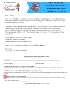 Zelienople Library Sponsor letter and form for the 5th Annual Zeilenople Bed Derby event, featuring event details, sponsor recognition, and instructions for sponsorship contributions.