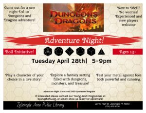 Zelienople Library Flyer for "Dungeons & Dragons Adventure Night" at Zelienople Area Public Library on Tuesday, April 28th, 5–9pm, for ages 13 and up. Event details and contact info included.