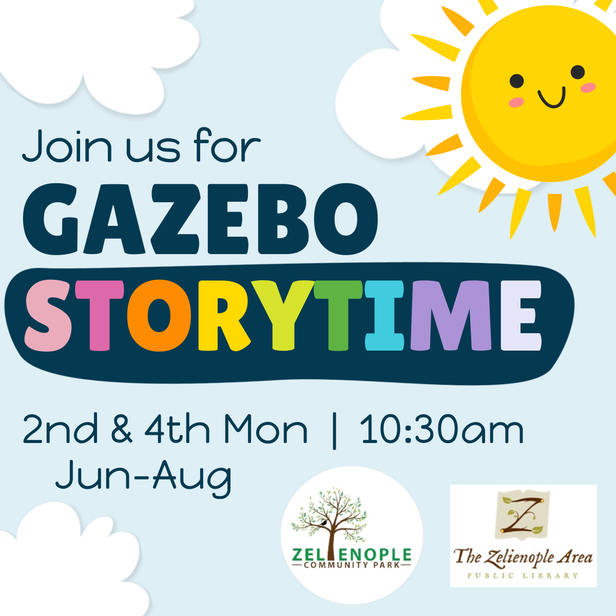 Zelienople Library Flyer for Gazebo Storytime at Zelienople Community Park, held 2nd and 4th Mondays at 10:30am from June to August, hosted by the local library. Sun illustration above.