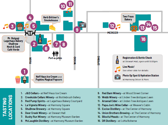 Zelienople Library Map showing 16 tasting locations for an event in Harmony, PA, with icons indicating food, drink, restrooms, music, registration, and photo station areas.