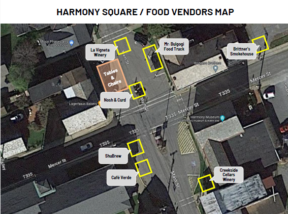 Zelienople Library A satellite map of Harmony Square shows labeled food vendor locations, including wineries, cafes, a food truck, and seating area with tables and chairs.