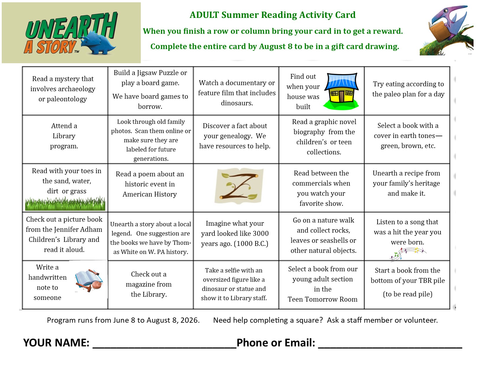 Zelienople Library Adult summer reading activity card featuring a grid of various reading and library-related challenges for participants to complete by August 8, 2026. Zelienople Library Adult summer reading activity card featuring a grid of various reading and library-related challenges for participants to complete by August 8, 2026.