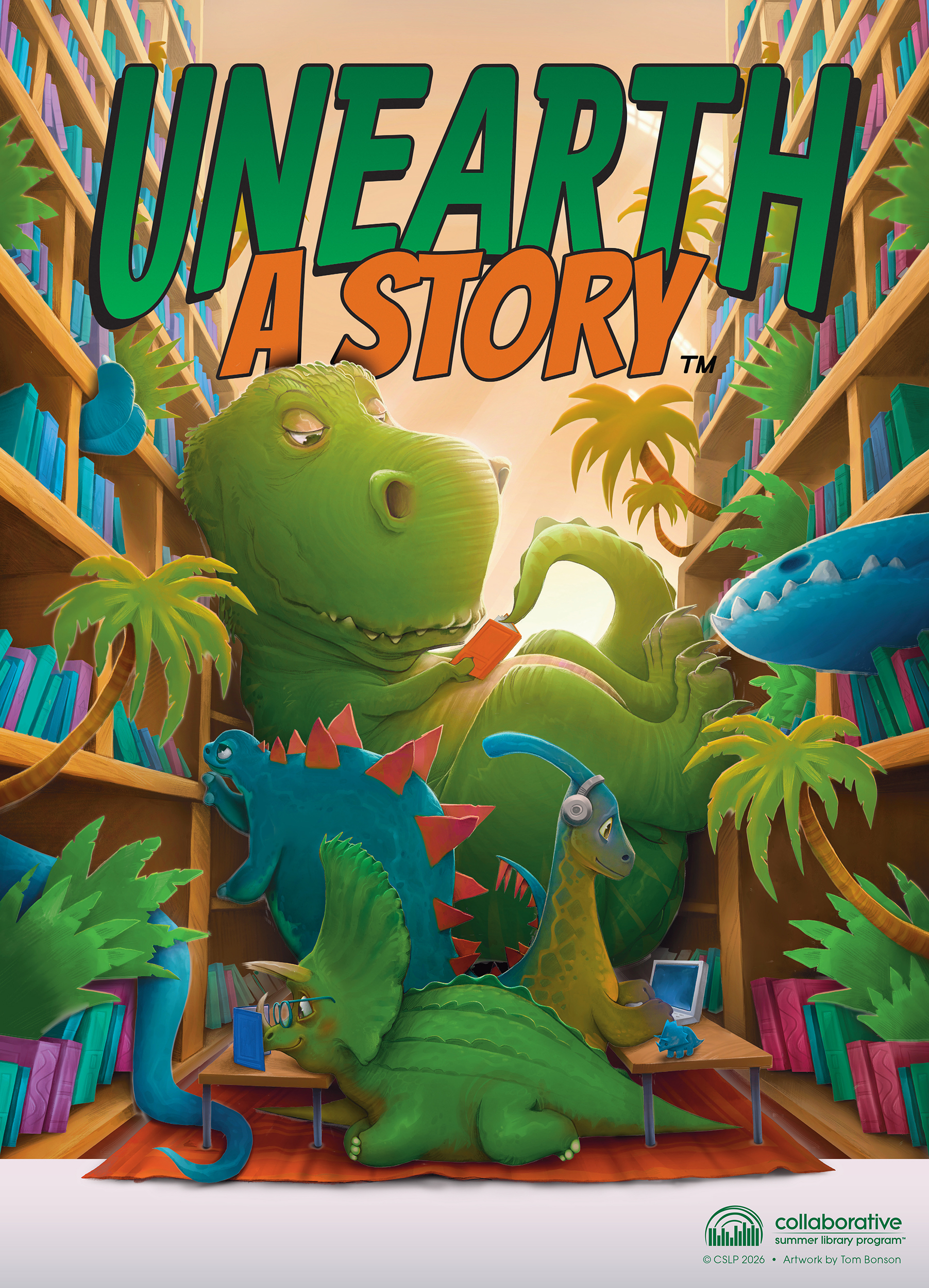 Zelienople Library Three dinosaurs relax and read books among tall bookshelves, with large text above them reading Zelienople Library Three dinosaurs relax and read books among tall bookshelves, with large text above them reading