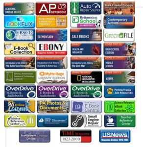 Zelienople Library A grid of various online database and resource logos, including news, ebooks, research, audiobooks, and academic tools such as EBSCO, OverDrive, Britannica, and TIME Magazine.