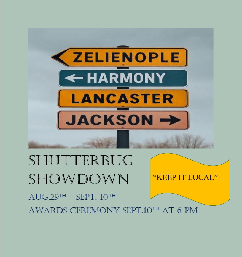 Zelienople Library Four directional road signs point to Zelienople, Harmony, Lancaster, and Jackson. Below, an event flyer announces the Shutterbug Showdown with dates and a 