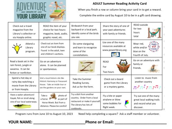 Zelienople Library Adult Summer Reading Activity Card with a list of 25 activities, including reading books, visiting the library, and taking part in community events. Spaces for name and contact information are provided.