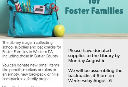 Zelienople Library A flyer for a school supplies collection for foster families, detailing donation and assembly dates, needed items, and contact information for Zelienople Area Public Library.