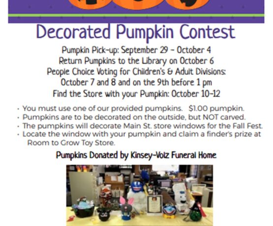 Zelienople Library A flyer with pumpkins announces a Decorated Pumpkin Contest at the library, with dates, rules, and sponsor information listed, along with a picture of decorated pumpkins.