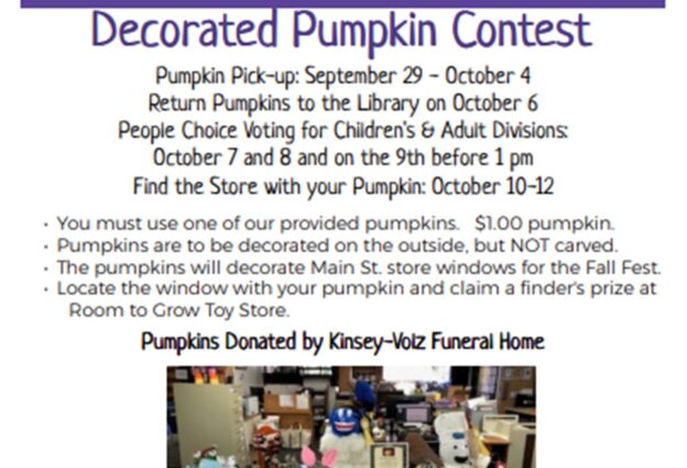 Zelienople Library A flyer with pumpkins announces a Decorated Pumpkin Contest at the library, with dates, rules, and sponsor information listed, along with a picture of decorated pumpkins.