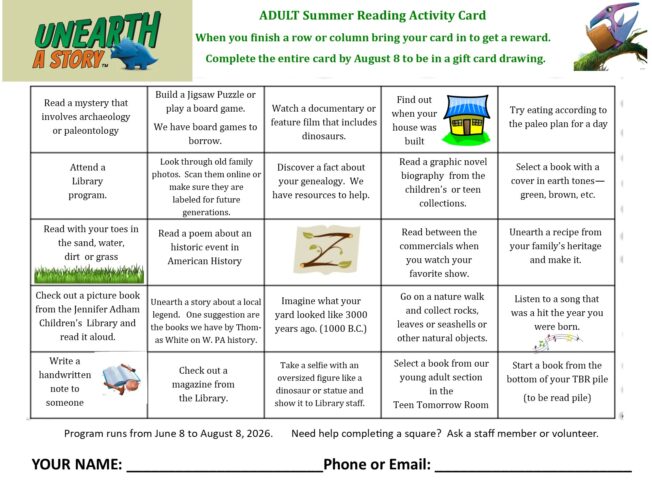 Zelienople Library Adult summer reading activity card featuring a grid of various reading and library-related challenges for participants to complete by August 8, 2026. Zelienople Library Adult summer reading activity card featuring a grid of various reading and library-related challenges for participants to complete by August 8, 2026.