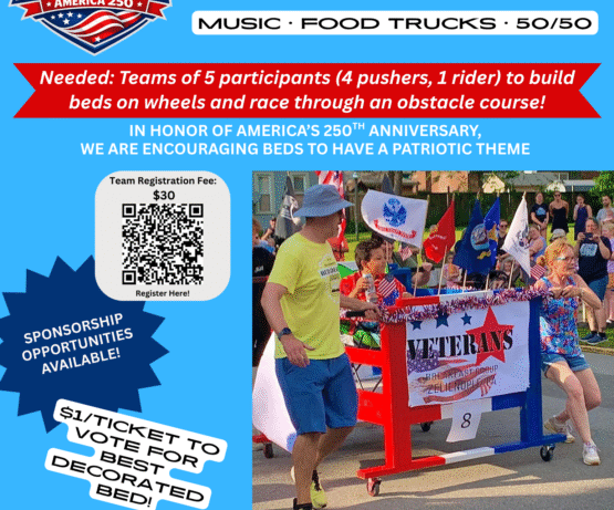 Zelienople Library Poster for the 5th Annual Zelienople Bed Derby on July 2, 2026, with event details, entry fee, patriotic theme, team requirements, and sponsor information.