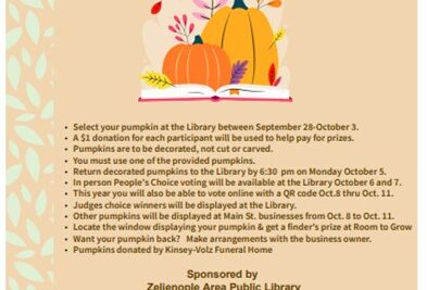 Zelienople Library Flyer for the 2026 Library Pumpkin Decorating Contest with a pumpkin illustration, event dates, rules, sponsors, and contact information for the Zelienople Area Public Library.