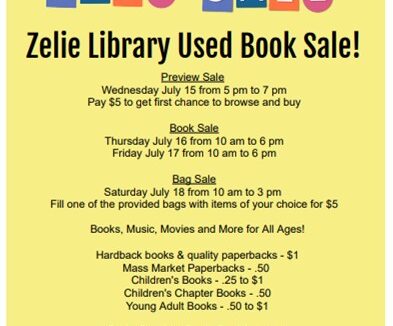 Zelienople Library Flyer for Zelie Library Used Book Sale listing dates, times, prices, and types of items for sale, along with library contact information at the bottom.