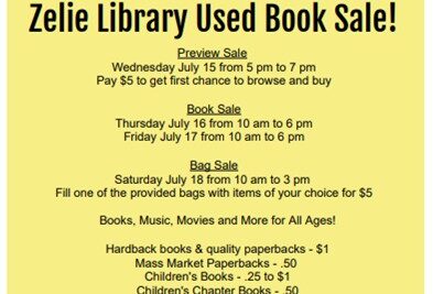 Zelienople Library Flyer for Zelie Library Used Book Sale listing dates, times, prices, and types of items for sale, along with library contact information at the bottom.