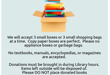 Zelienople Library A flyer with book donation tips, a stack of books image, and details about accepted items, dates, and contact information for the library's book donation week of August 3-8.