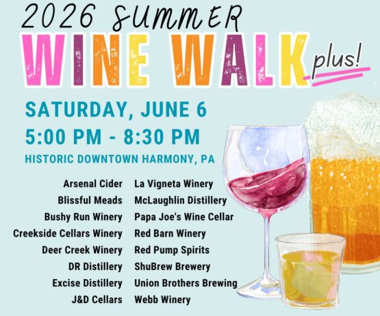 Zelienople Library Event poster for the 2026 Summer Wine Walk Plus, June 6, 5-8:30 PM in Harmony, PA, listing participating wineries, breweries, and distilleries. Proceeds benefit Zelienople Library.
