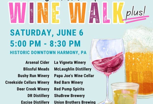 Zelienople Library Event poster for the 2026 Summer Wine Walk Plus, June 6, 5-8:30 PM in Harmony, PA, listing participating wineries, breweries, and distilleries. Proceeds benefit Zelienople Library.