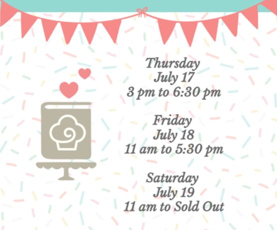 Zelienople Library Bake sale sign for the library with dates and times: July 17–19. Includes baked goods list and note about a used book sale on the lower level.