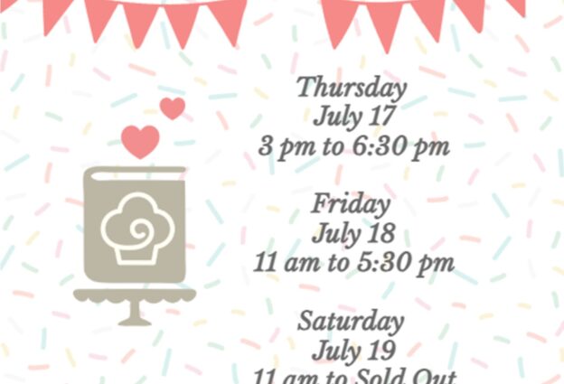 Zelienople Library Bake sale sign for the library with dates and times: July 17–19. Includes baked goods list and note about a used book sale on the lower level.