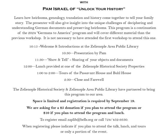 Zelienople Library Flyer for “Germans to America” event on September 26, featuring a talk by Pam Israel, tours, and local history highlights, hosted by the Zeilenople Historical Society.