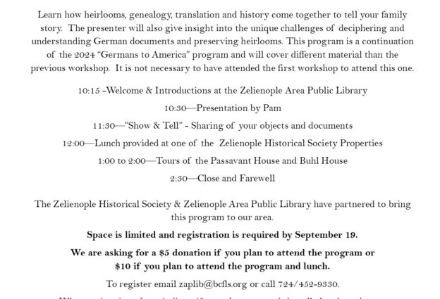 Zelienople Library Flyer for “Germans to America” event on September 26, featuring a talk by Pam Israel, tours, and local history highlights, hosted by the Zeilenople Historical Society.