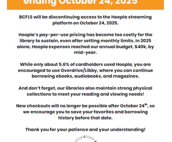 Zelienople Library Notice announcing that BCFL's access to the Hoopla streaming platform will end on October 24, 2025, due to high costs, with alternative resources suggested.