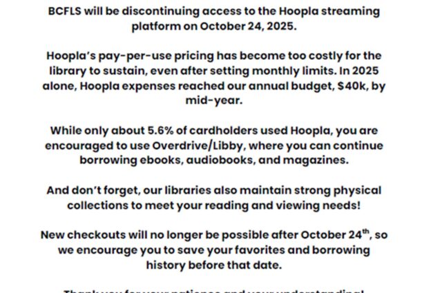 Zelienople Library Notice announcing that BCFL's access to the Hoopla streaming platform will end on October 24, 2025, due to high costs, with alternative resources suggested.