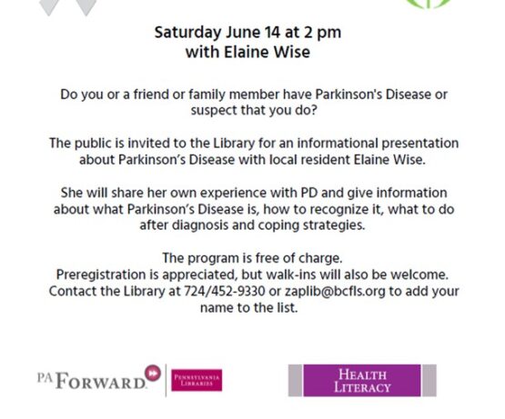 Zelienople Library Flyer for an informational talk about Parkinson's Disease at the Zelienople Area Public Library on June 14 at 2 PM, featuring a presentation by Elaine Wise.