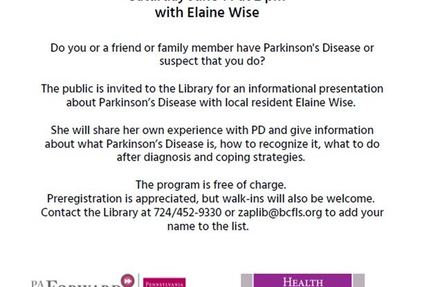 Zelienople Library Flyer for an informational talk about Parkinson's Disease at the Zelienople Area Public Library on June 14 at 2 PM, featuring a presentation by Elaine Wise.