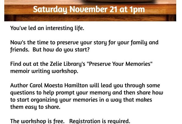 Zelienople Library Flyer for a memoir writing workshop at Zelie Library on November 21 at 1pm, featuring author Carol Moesta Hamilton. Includes contact information for registration and library location.