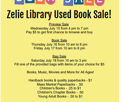 Zelienople Library Flyer for Zelie Library Used Book Sale, listing sale dates and times, pricing for preview, bag, and regular sales, book categories, and library contact information.