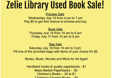 Zelienople Library Flyer for Zelie Library Used Book Sale, listing sale dates and times, pricing for preview, bag, and regular sales, book categories, and library contact information.