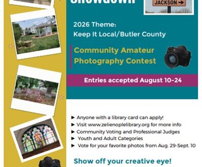 Zelienople Library Flyer for the Shutterbug Showdown community amateur photography contest, themed “Keep It Local/Butler County,” with entry details, dates, and sponsor information from Zelienople Area Public Library.
