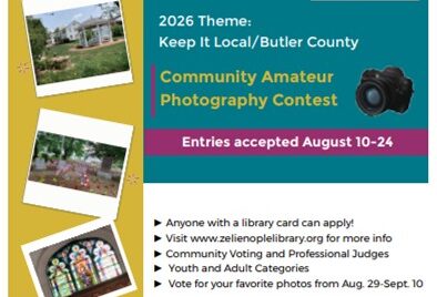 Zelienople Library Flyer for the Shutterbug Showdown community amateur photography contest, themed “Keep It Local/Butler County,” with entry details, dates, and sponsor information from Zelienople Area Public Library.