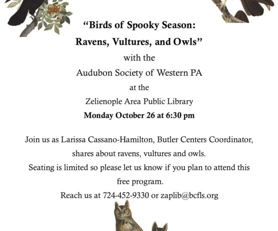 Zelienople Library Flyer featuring illustrations of a raven, vulture, and owls, advertising a library event about these birds on October 26 at the Zelienople Area Public Library.