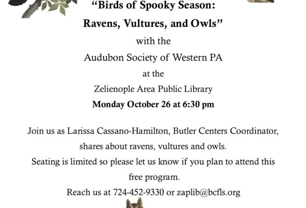 Zelienople Library Flyer featuring illustrations of a raven, vulture, and owls, advertising a library event about these birds on October 26 at the Zelienople Area Public Library.