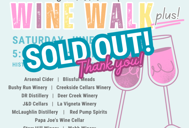 Zelienople Library Event flyer for the 2025 Summer Wine Walk on June 7 is overlaid with 