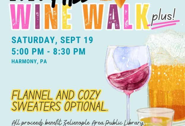 Zelienople Library Event flyer for the 2026 Fall Wine Walk featuring autumn leaves, a wine glass, a cocktail, and event details including date, time, location, and charity information.