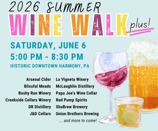 Zelienople Library Event flyer for the 2026 Summer Wine Walk on Saturday, June 6, 5-8:30 PM in Harmony, PA, listing participating wineries and breweries; drinks illustrated.