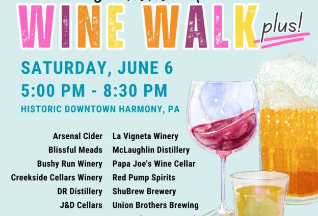 Zelienople Library Event flyer for the 2026 Summer Wine Walk on Saturday, June 6, 5-8:30 PM in Harmony, PA, listing participating wineries and breweries; drinks illustrated.