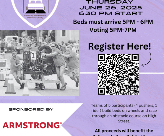 Zelienople Library Flyer for the 4th Annual Zelienople Bed Derby on June 26, 2025, includes event details, registration QR code, sponsor logo, and a photo of people pushing a wheeled bed in a race.